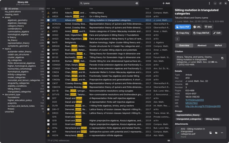 BibLight searching for “Iyama” in a 2,742-entry library