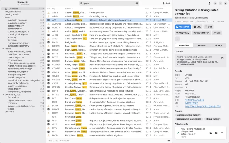 BibLight searching for “Iyama” in a 2,742-entry library