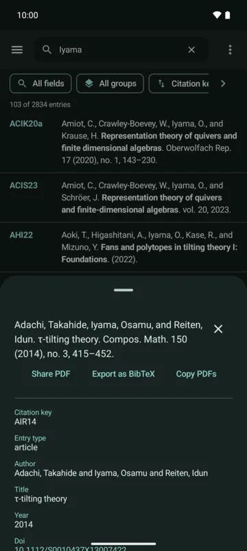 MathBib on a phone: details sheet of AIR14 below the search results