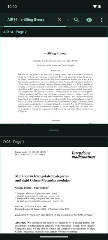 MathBib on a phone: AIR14 and IY08 open in two stacked reading panes