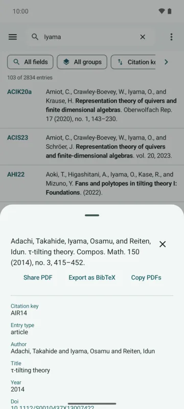 MathBib on a phone: details sheet of AIR14 below the search results