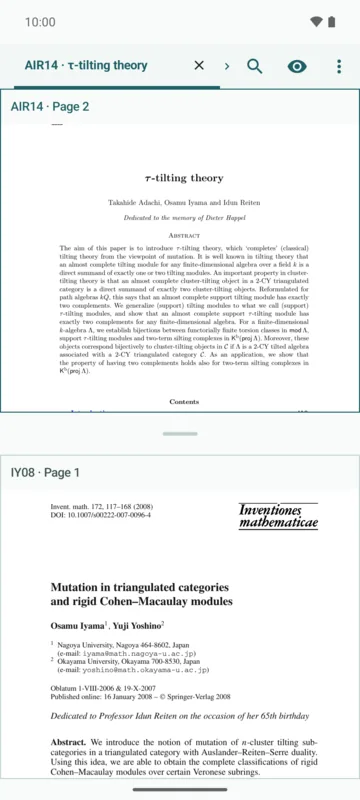 MathBib on a phone: AIR14 and IY08 open in two stacked reading panes