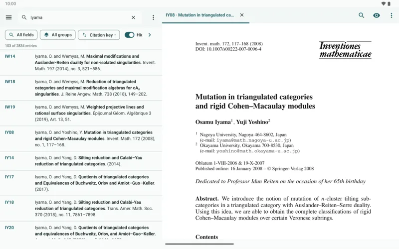 MathBib on a tablet: search results with IY08 open beside them