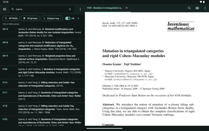 MathBib on a tablet: search results with IY08 open beside them