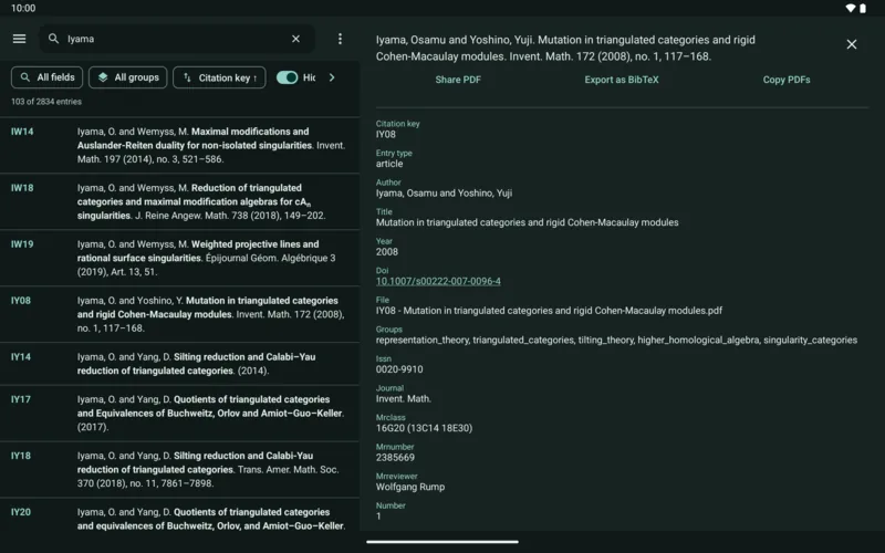 MathBib on a tablet: search results with the details pane of IY08