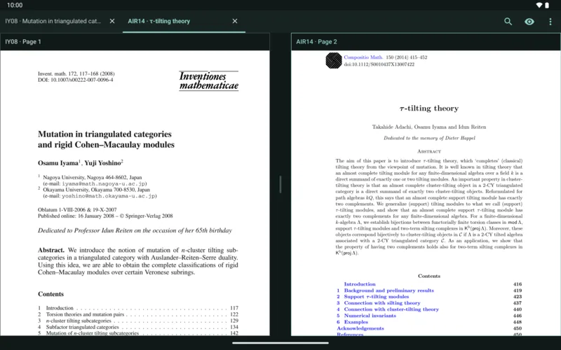 MathBib on a tablet: IY08 and AIR14 open side by side