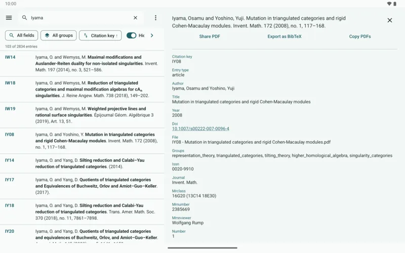MathBib on a tablet: search results with the details pane of IY08