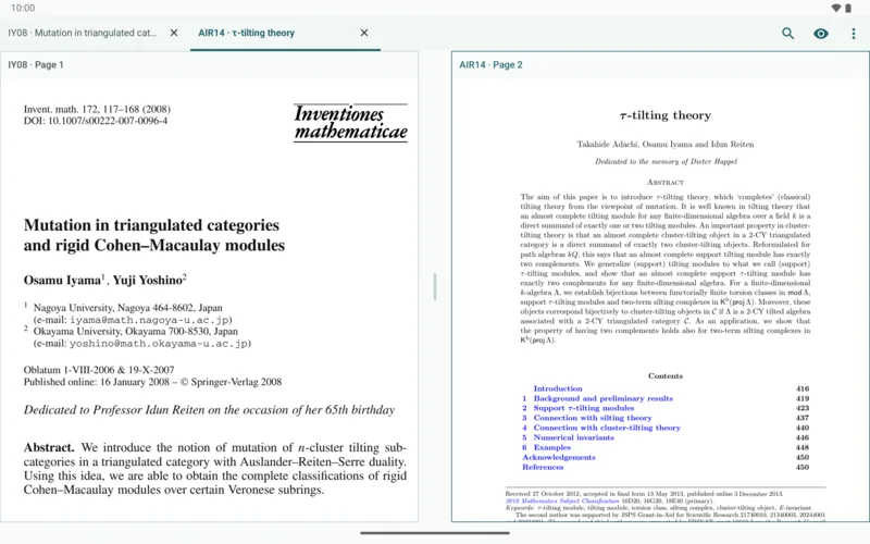 MathBib on a tablet: IY08 and AIR14 open side by side